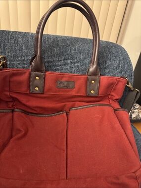 Levenger Red Canvas Tote with Brown Trim - Unbranded